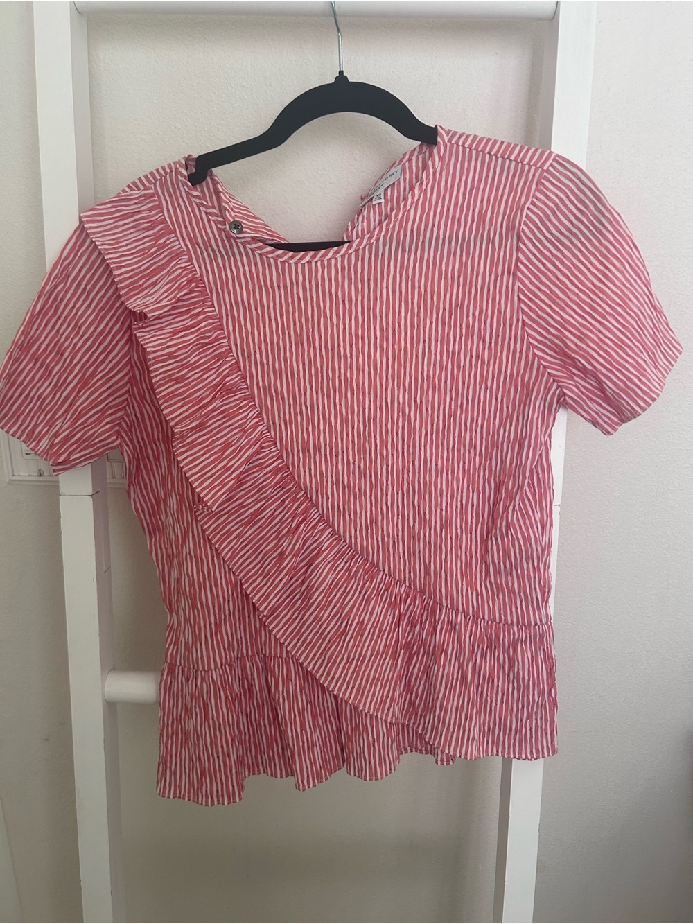 Waverly Grey Pink and White Striped Ruffle Short-Sleeve Blouse
